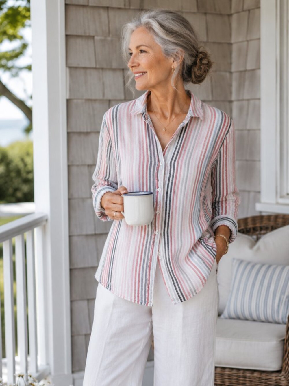 J. Jill Love Linen Essential Shirt White Pink Gray Stripe XS